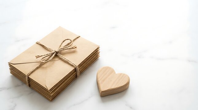 Stack of Kraft Paper Envelopes Tied with Jute Twine Next to Wooden Heart on White Stone Surface, Blank Minimalist Stationery with Copy Space for Wedding Invitation or Valentines Day Message
