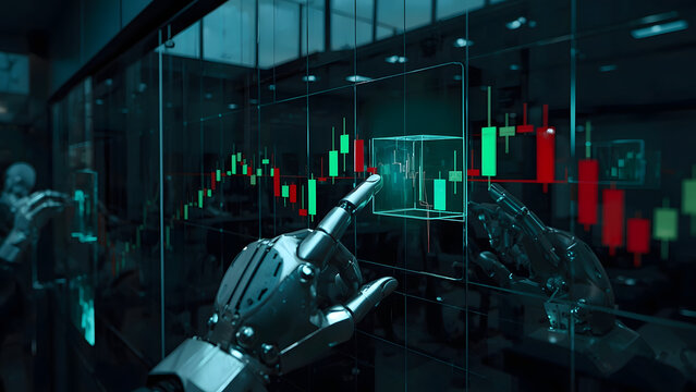 Robotic hand analyzing financial data on a digital screen, AI robot finger pointing at stock market charts, futuristic artificial intelligence trading