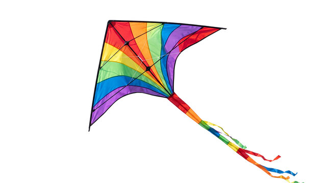 Colorful rainbow kite isolated on white background, vibrant outdoor flying toy, summer recreational activity asset