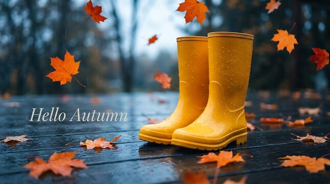 Yellow rain boots on wooden deck with falling maple leaves seasonal footwear