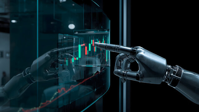 Robotic hand analyzing financial data on a digital screen, AI robot finger pointing at stock market charts, futuristic artificial intelligence trading