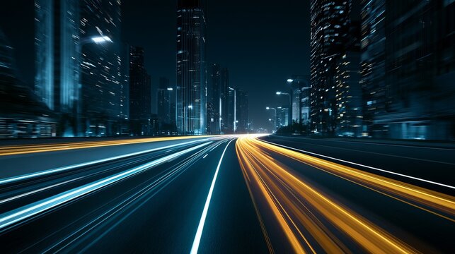 Glowing highway stretches towards a modern city skyline at twilight, creating a dynamic, futuristic urban concept