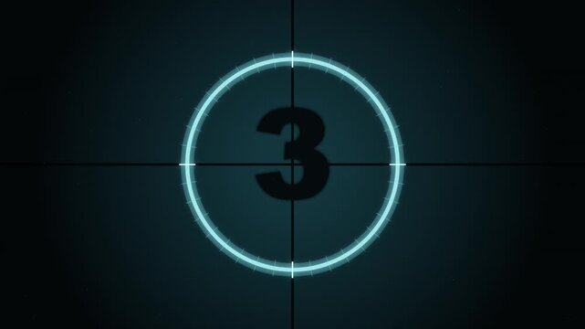 Blue glowing vintage film countdown with crosshair and numbers