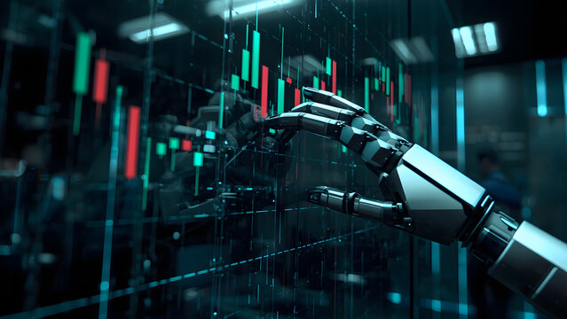 Robotic hand analyzing financial data on a digital screen, AI robot finger pointing at stock market charts, futuristic artificial intelligence trading