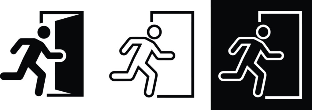 Set of emergency exit sign icons showing a running person escaping through an open door for safety instructions