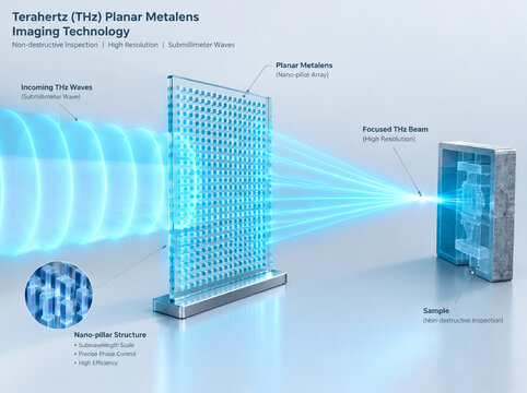 3D terahertz metalens non-destructive imaging concept, translucent subwavelength array with glowing focused THz wave beam with copy space