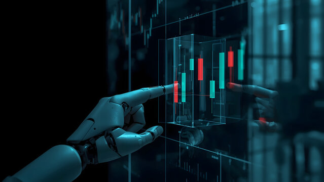 Robotic hand analyzing financial data on a digital screen, AI robot finger pointing at stock market charts, futuristic artificial intelligence trading