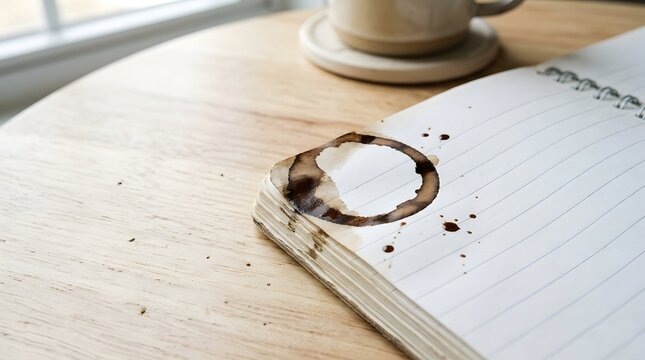 A notebook with a coffee stain rests on a wooden table. A coffee cup sits nearby, and the sunlight is shining through the window, reflecting off the