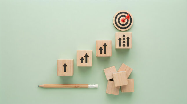 Wooden blocks with arrows building a staircase leading to a target board for business growth concept