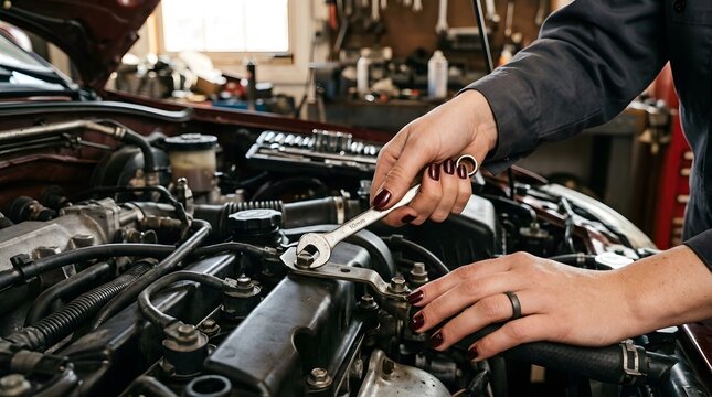 A person is working on a car engine in a garage. They are using a wrench to adjust parts under the hood. The garage has various tools and equipment
