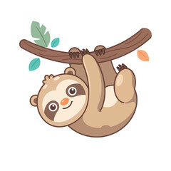Obraz premium Cute cartoon sloth animal character hanging from a branch vector illustration for kids graphic design.