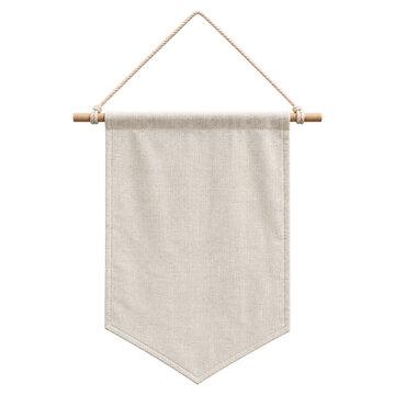 Blank canvas wall pennant banner mockup hanging on a wooden dowel with rope, isolated on a white background for design presentation.