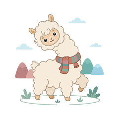 Obraz premium Cute funny alpaca llama character wearing a cozy striped scarf vector illustration in nature.