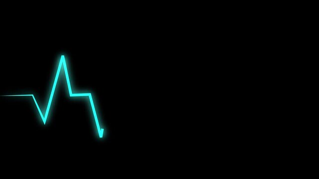 A neon blue electrocardiogram (ECG) line on a dark black background, depicting a critical or flatline heart rhythm.