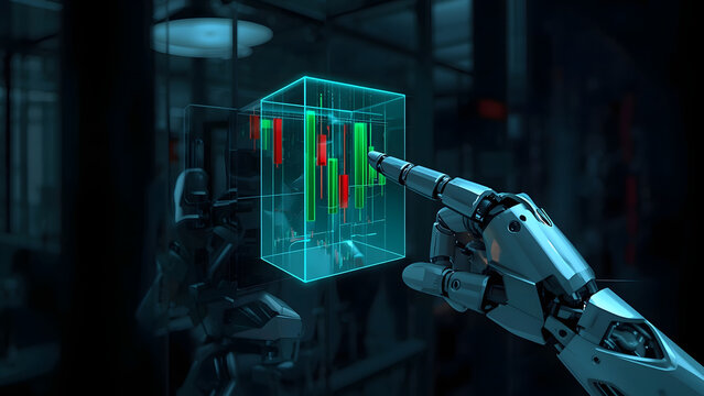 Robotic hand analyzing financial data on a digital screen, AI robot finger pointing at stock market charts, futuristic artificial intelligence trading