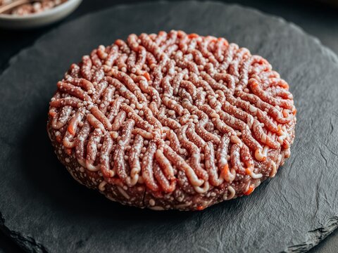 A raw ground beef patty with chunks of fat on a dark stone background.