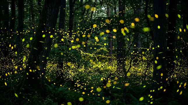 Enchanting fireflies glowing in dark summer forest at night, magical nature forest background with bokeh lights