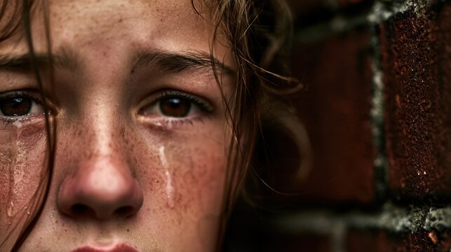 Freckled girl with tears on her cheeks beside a brick wall in an emotional portrait about childhood sadness