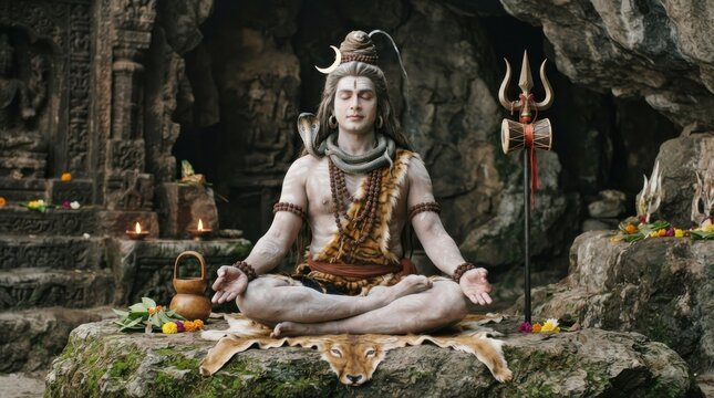 Lord Shiva meditating in a cave with trident and tiger skin