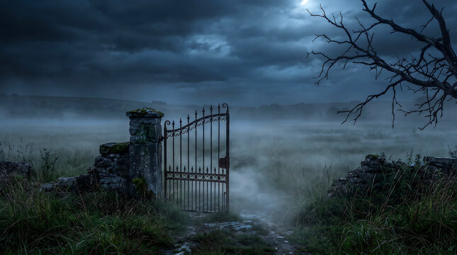 Wrought iron gate in a misty field at night under a full moon, dark atmospheric landscape for Halloween