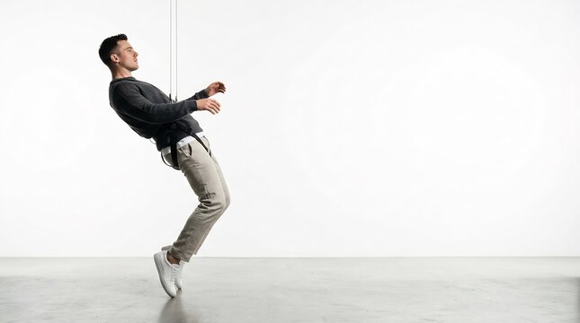 Man falling backwards suspended by harness wires, conceptual metaphor for loss of control, anxiety, mental exhaustion, burnout, and feeling helpless in minimal white studio.