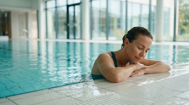 Serene woman relaxing in indoor pool with eyes closed, practicing mindfulness, stress relief, and self-care for mental health and wellness.
