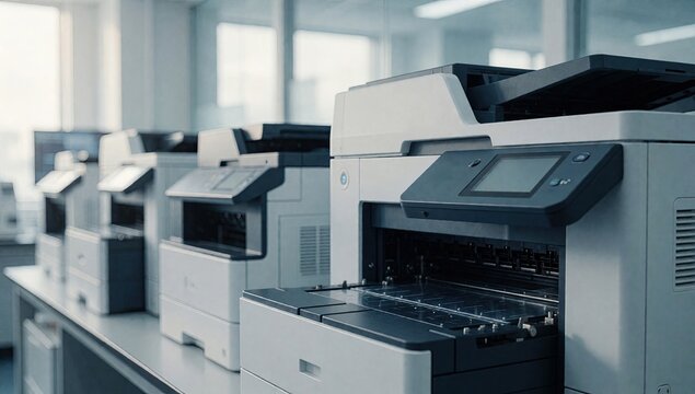 Row of modern office printers in copy center, shallow depth of field, corporate technology background