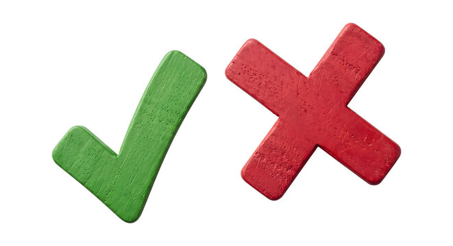 Green checkmark and red cross symbols in clay style on transparent background for status icons.