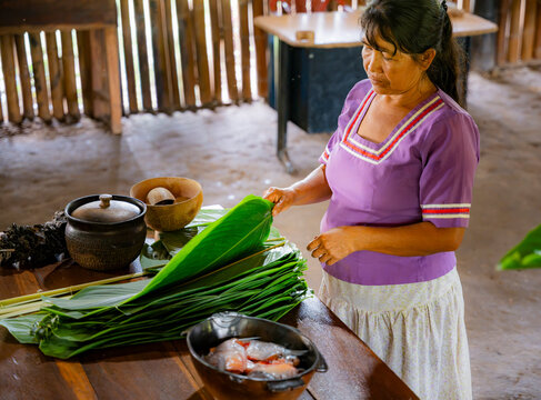 Amazonian woman prepare ancestral maito food with piranha