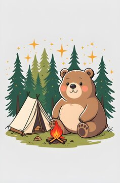 Cute cartoon bear camping with a tent and campfire in a forest