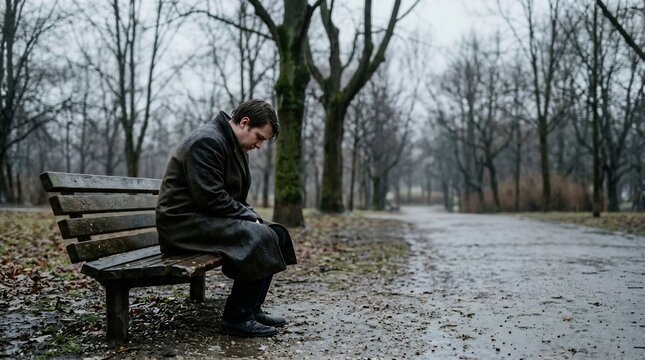 Depressed man sitting alone on bench outdoors, coping with grief, loneliness, and mental health struggles on a cold gloomy rainy day