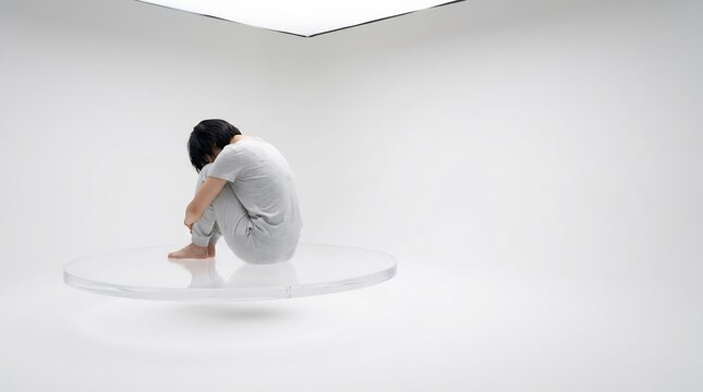 Depressed person curled up on floating transparent platform in sterile white room, concept of isolation, mental health, anxiety, emotional detachment, and loneliness.