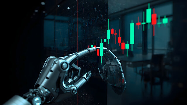 Robotic hand analyzing financial data on a digital screen, AI robot finger pointing at stock market charts, futuristic artificial intelligence trading