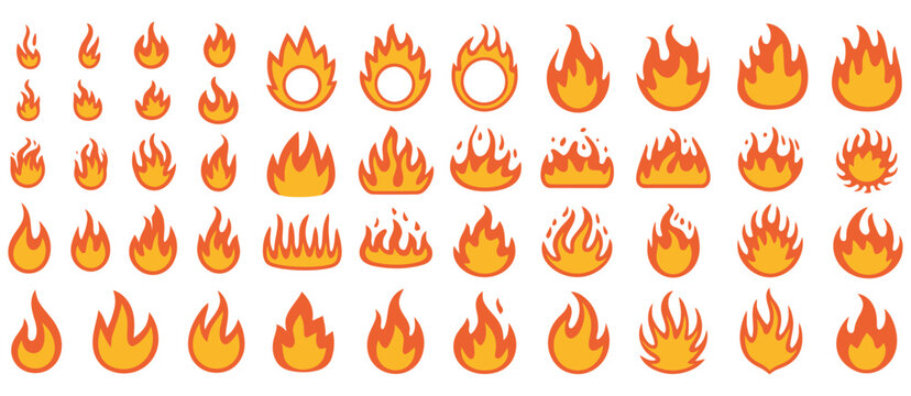 Fire flames icon depicting burning geometric frames surrounding circular, square, and triangular shapes with flying sparks, radiant light, and heat vector, design