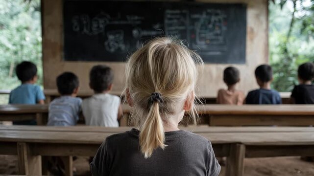 Blonde girl sitting inside rural classroom, listening to lesson attentively, looking at wooden blackboard, studying in open air village schoolhouse, surrounded by diverse pupils.