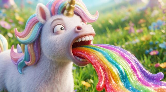 Cute cartoon unicorn vomiting a rainbow in a sunny meadow