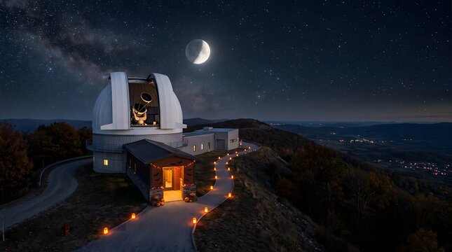 Astronomical observatory at night with crescent moon and milky way galaxy above landscape