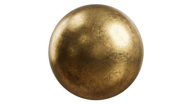 Polished aged brass metal sphere with scratch texture for abstract background or industrial design.
