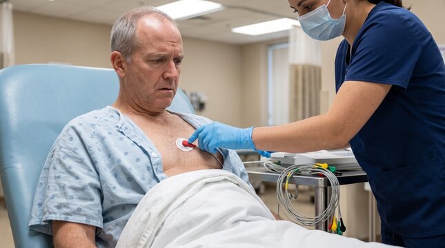 ECG preparation anxiety, Patient watching electrode placement, Partly covered chest on examination couch, Clinician positioning sensor, Cardiac testing room, Apprehension during setup