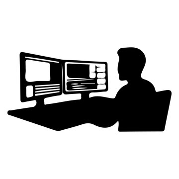 Video editor working on dual monitor workstation silhouette icon on transparent bg.