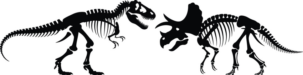 Silhouette skeletons of tyrannosaurus rex and triceratops dinosaurs fighting isolated on transparent background © Nodi