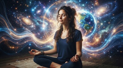 Fototapeta premium Woman meditating in lotus pose amidst a cosmic background with glowing stars and earth