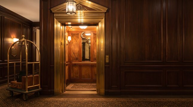 Elegant hotel elevator doorway with ornate wood paneling and a bellhop luggage cart