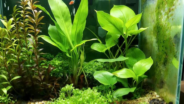 Clear 4K biological stock video showcasing a glass aquarium tank filled to the brim with thriving green water plants including dense clusters of hornwort and Canadian waterweed