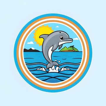 Cute cartoon dolphin jumping out of the ocean in a circular badge