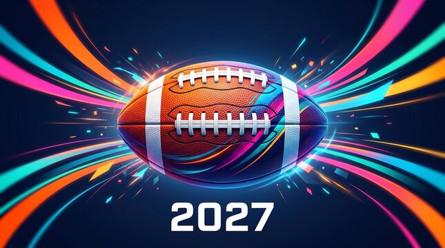 American football ball with vibrant neon light trails and motion effects, futuristic sports concept for the year 2027, NFL, Super Bowl, NFL 2027, Super Bowl 2027, NFL Football, NFL Playoffs.