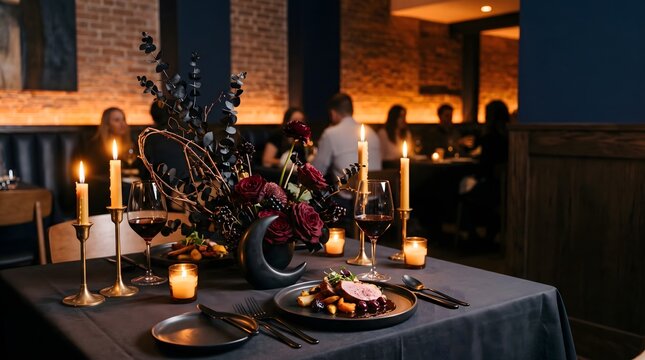 Romantic dinner setting with wine glasses candles and floral arrangement in a dimly lit restaurant