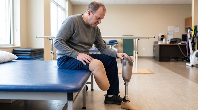 Prosthetic fitting anxiety, Adult hesitating before socket insertion, Covered residual limb beside artificial leg, Rehabilitation clinic, Cautious preparation, Unfamiliar equipment