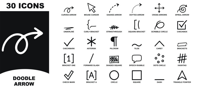 Set of 30 handdrawn doodle icons including arrows, brackets, shapes, and symbols