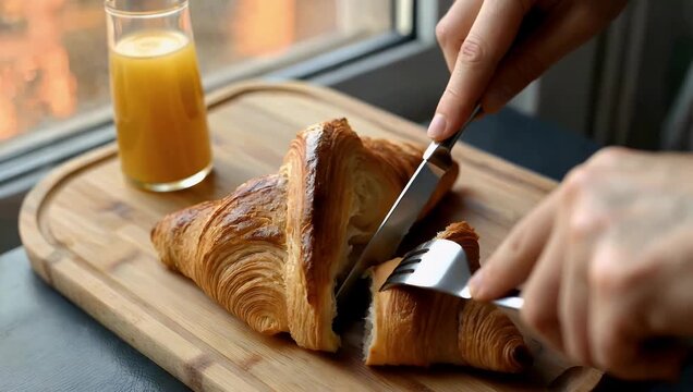 High-end 4K culinary media depicting a gourmet breakfast scene where a crispy fresh-baked croissant is sliced with elegant tableware next to sweet honey bathed in warm golden morning sunbeams